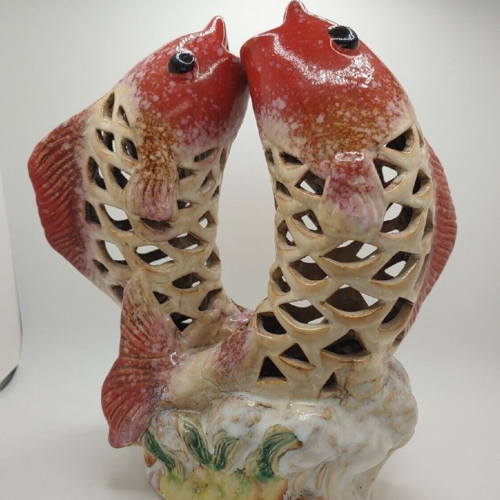 Chinese Carp 10" Ceramic Statue fish Gulp Colorful ocean art Sancai JALI Style